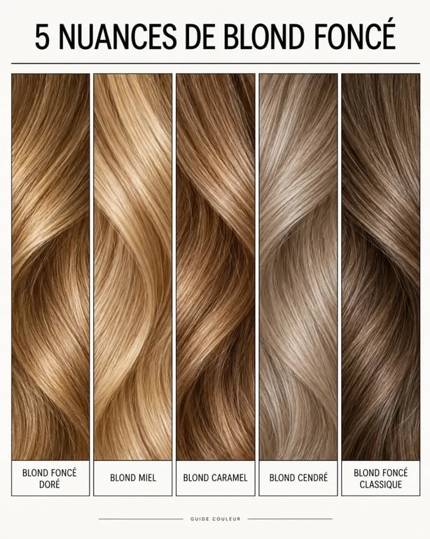 Comparaison de la couleur blond foncé doré avec les nuances blond miel, caramel et cendré