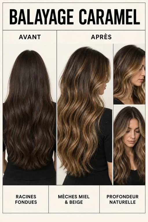 Exemple visuel de balayage couleur cheveux caramel miel sur base brune