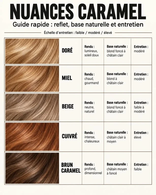 Infographie comparative des nuances de couleur cheveux caramel dorée, miel, beige, cuivrée et brun caramel