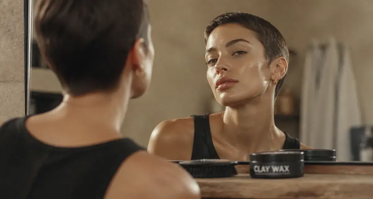 Femme aux cheveux très courts, coupe pixie face miroir au salon