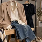 Mode femme 50 ans : blazer beige, chemise écrue, jean droit, tenue élégante