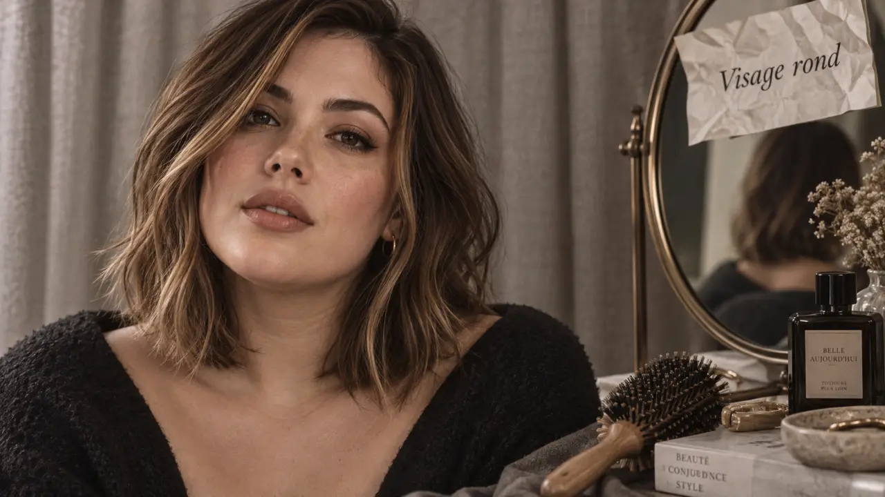 Visage rond coupe de cheveux : lob dégradé et frange