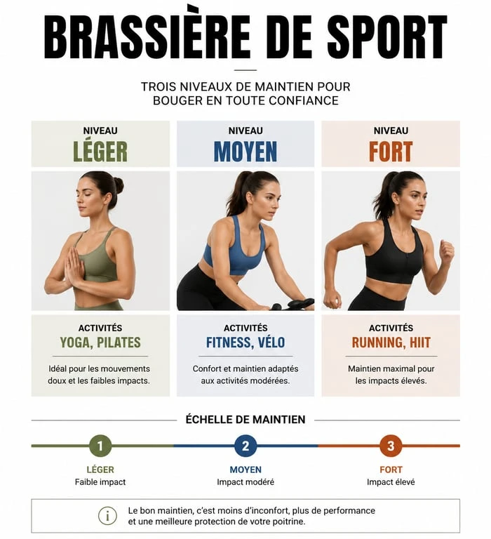 Infographie des trois niveaux de maintien des brassières de sport pour femme selon l'activité physique