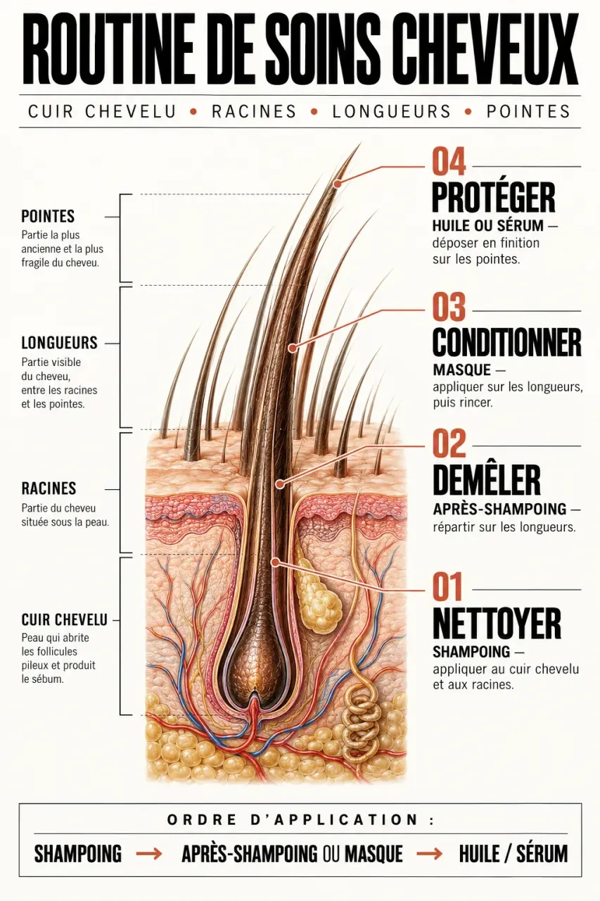 Soins pour les cheveux : zones d’application du shampoing, de l’après-shampoing, du masque et du sérum