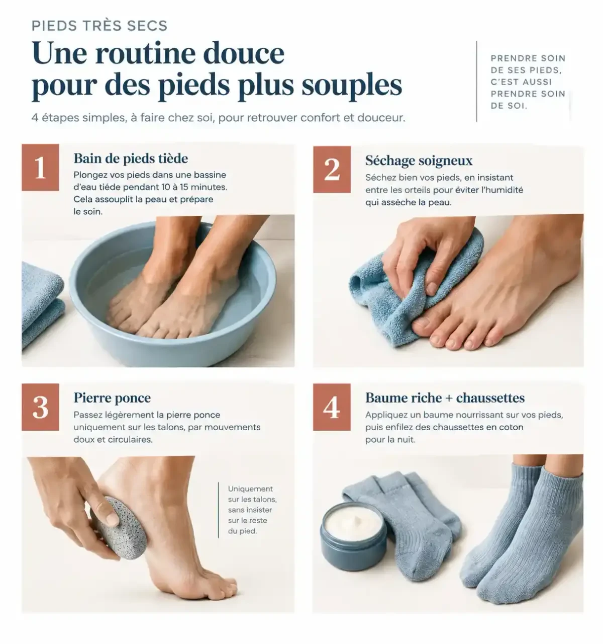 Pied très sec : remède de grand-mère en quatre étapes avec bain tiède, pierre ponce et soin de nuit
