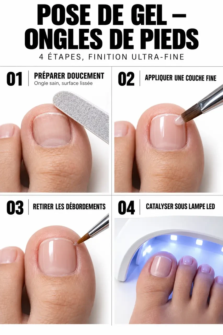 Étapes de pose d’un ongle de pied en gel avec préparation, application et catalysation