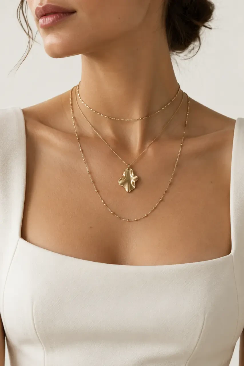 Pendentif original femme porté avec des colliers superposés de différentes longueurs