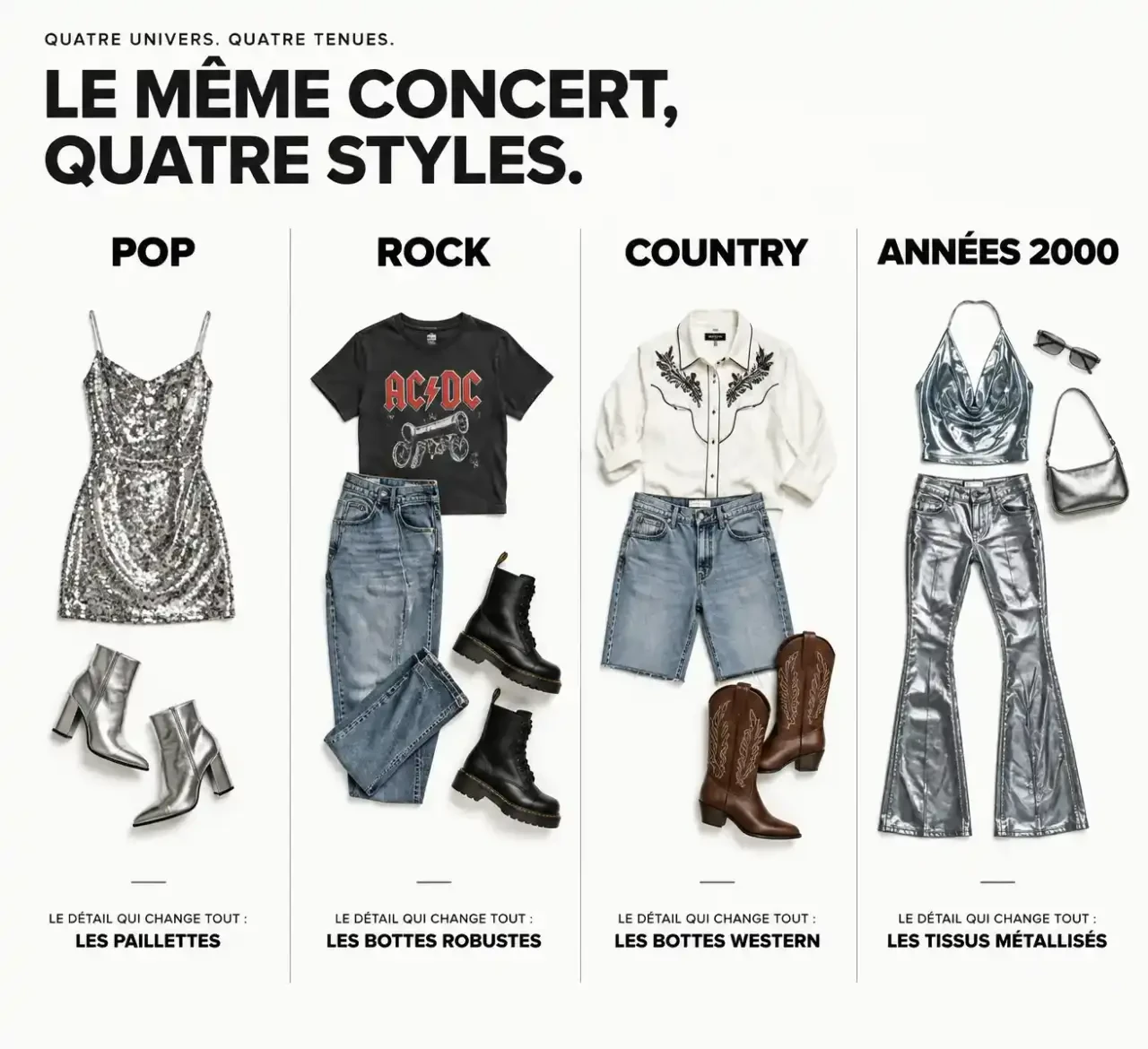 Tenue pour concert : quatre looks selon l'univers musical, pop, rock, country et années 2000