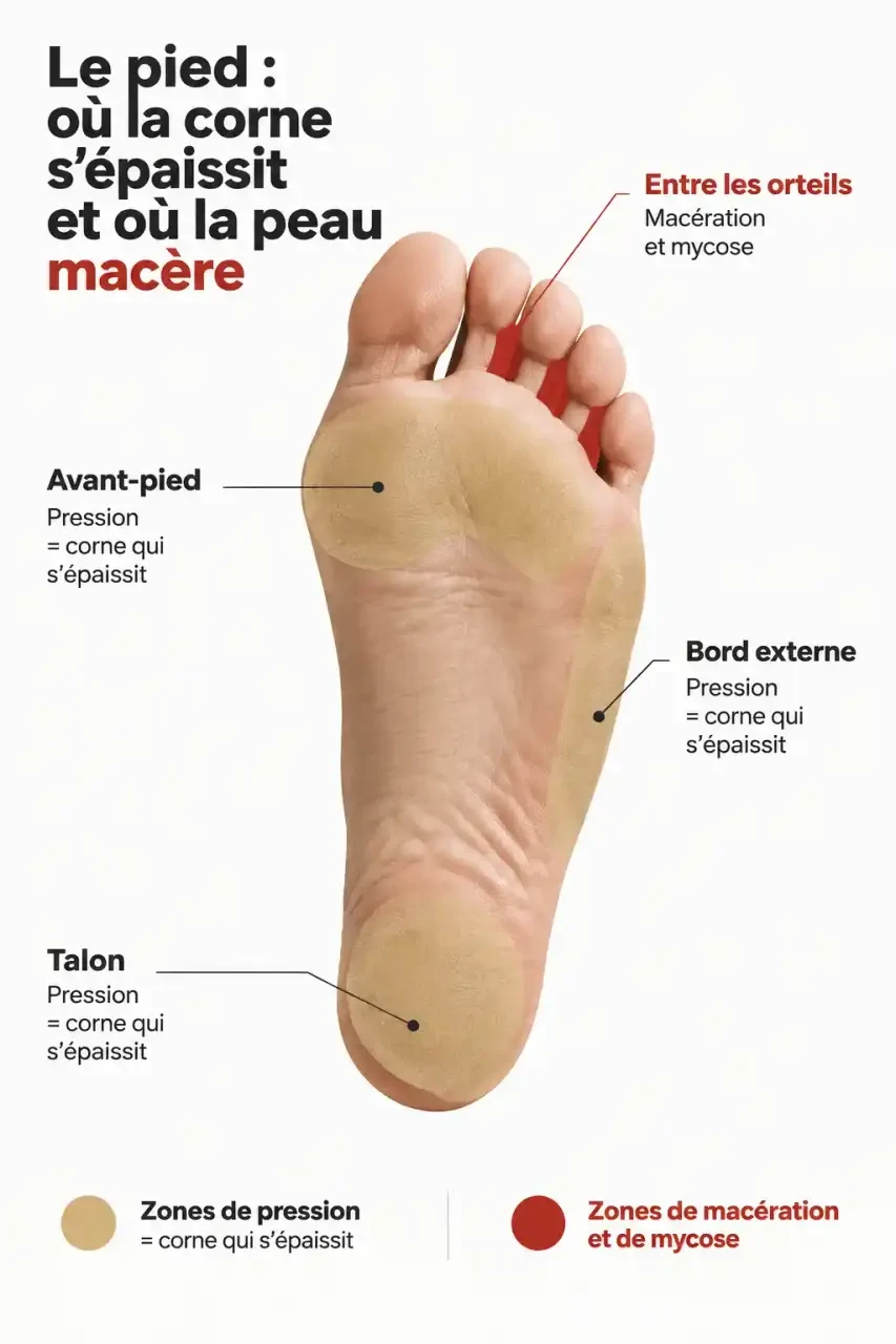 Schéma d'un pied montrant où la peau qui pèle au pied apparaît : zones de pression avec corne et espaces entre les orteils exposés à la mycose