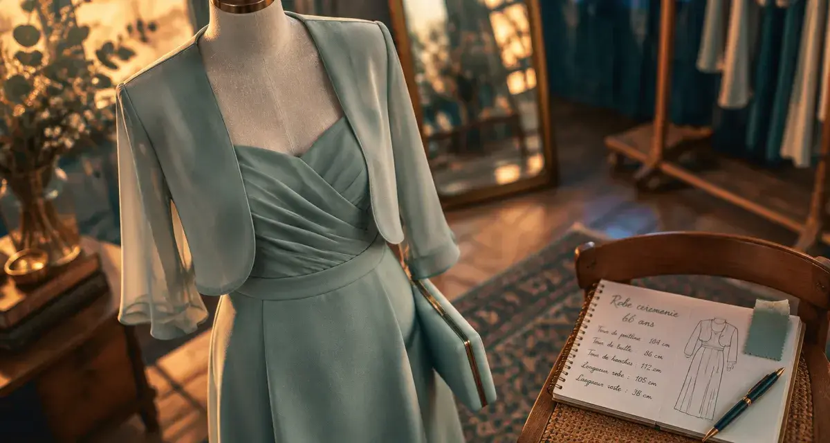 Robe cérémonie femme 60 ans : robe mi-longue bleu sauge, élégante et confortable